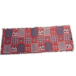 Farmhouse BOHO Red Blue Houses Hearts Stars Reversible Table Runner 64"x12"‎